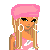 Pixel art of a blonde woman with pink headwrap, hoop earrings, and pink top; partial body view shows blue jeans with pink accents.
