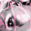 repeated close-up images showing a person's eyes with pink and gray tones, overlaid with changing text phrases