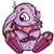 Pixelated purple cartoon character with large eye, pink scarf, and rounded body sitting in a curled pose against white background.