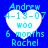 Blue background with four identical white heart-shaped icons containing light blue text reading Andrew, 4-13-07, woo, 6 months, Rachel.