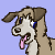 Pixelated dog head with brown and white fur, blue eyes, pink tongue, and drooping ears against a light purple background.