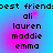 Pixelated text displays 'best frienddoest friends' above four names on a blue-pink gradient background.