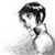 Pixelated grayscale image of a stylized figure with short dark hair, holding a small object near its face against a plain white background.