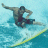 Pixelated static image of a surfer riding a wave on a light blue background with visible dithering and low-resolution rendering artifacts.
