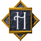 A diamond-shaped icon with a golden frame and dark textured background displays a white stylized 'H' symbol with a curved top, shown in five sequential states with varying brightness and outline effects.