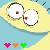 Pixelated yellow face with large white eyes and brown pupils, blue background, three small colored shapes at bottom left.
