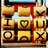 Pixelated grid of nine square icons with yellow-orange gradient backgrounds, red accents, and black symbols including a heart, X, circle, and letters.