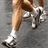A four-quadrant image with a person's legs running on gray pavement in the top-left, pink backgrounds with white text in the top-right and bottom-left, and solid gray in the bottom-right.