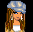 Pixel art contact sheet showing four frames of an animated buddy icon featuring a cartoon woman with long brown hair, blue cap, and white earrings alongside text reading "BABY GIRL" on purple background.