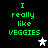 Green pixelated text on black background reads "I really like VEGGIES" with two star icons, one white and one gray, in different positions across frames.