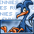 Pixelated blue bird-like character with orange beak and feet, seated in a boxy frame against repeating 'ENNIES RULE' text background.