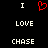 Static pixel art displays 'I' above a red heart symbol, with 'LOVE' and 'CHASE' below on a black background.
