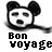 Pixelated black-and-white icon shows a stylized animal face with large ears, closed eyes, and a small mouth, below which reads 'Bon voyage' in blocky text.