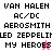 Pixelated text list of band names and phrases on a split white-pink background with two distinct star icons.
