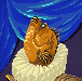 Pixel art of a brown fish with black markings resting on a white shell against blue water background.