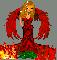 A pixelated figure with long blonde hair wears a red dress and stands against a multicolored background with fire-like effects at the bottom.