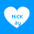 Four white heart-shaped icons with blue text on a solid blue background, each displaying "NiCK ily" in pixelated font.