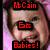 Pixelated image of a person with brown hair and light skin, overlaid with three red text blocks reading 'McGin', '6t', and 'Babies!' on black backgrounds.
