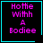Pixelated text "Hottie With A Bodiee" in pink on black background with cyan border, featuring a heart symbol and starburst symbol in different frames.