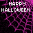 Pixelated 'HAPPY HALLOWEEN' text in white block letters over a black background with pink spiderweb patterns, featuring partial gray area on the right.