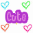Pixelated text labels 'Cute', 'Crazy', 'COOL', and 'Alexa Ortega' in purple, green, blue, and orange with heart outlines in cyan, green, orange, and pink on white background.