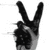 Black-and-white hand making peace sign with motion blur, colorful splatter background with peace symbol, pink text on black background.