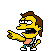 Pixelated cartoon character with yellow skin and brown hair in various laughing poses, wearing a light blue jacket over an orange shirt and teal shorts.