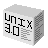 Pixelated 3D cube with white front face displaying 'UNIX 3.0' in black blocky text, gray side faces with checkered patterns, and a light gray background.