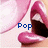 A close-up of pink lips with a dark interior, displaying blue text that changes from 'Pop' to '<3'.