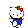 White cat with red bow, blue overalls, and yellow nose in various poses on gray background.