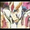 Animated sequence showing a character in a white and gold armored outfit transforming into a fiery form against a dark background with pink curtains.
