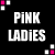Pixelated animated contact sheet showing two frames of a 'PINK LADIES' text-based icon with pink and white color scheme on black background.