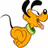 Pixelated cartoon dog with yellow fur, black ears, green collar, and pink tongue sticking out, viewed from side with tail curved left.