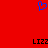 Red background with blue pixelated heart symbol above black text reading LIZZ repeated twice.