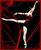 A static image of a ballet dancer in mid-pose with arms extended and one leg lifted, set against a dark background with red decorative lines.