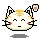 Pixel art cat head with closed eyes, orange stripes, red cheeks, and a paw icon; left side shows raised paw, right side shows paw icon with Japanese text above.
