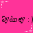 Pink background with repeated 'Sydney :)' text and star-shaped pixel art elements in white and pink.
