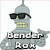 Pixelated robot character with metallic gray body, yellow teeth, and black sunglasses in top-left ; text "Bender Rox" below. Top-right shows same robot with wide eyes and text "Cause Keenans". Bottom-left shows robot with closed eyes and text "Says Go!"