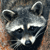 Pixelated close-up of a raccoon's face with dark eye patches, light fur, and a dark nose against a blurred background.
