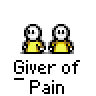 A 3x3 contact sheet of nine animated frames showing two pixelated yellow stick figures in various poses with the text "Giver of Pain" below each frame.