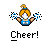 A 4x4 contact sheet of a cheerleader animation frame sequence showing pixelated character poses with pom-poms and "Cheer!" text below each frame.