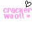 Pixelated pink text 'cracker woo!' with a small heart symbol, accompanied by a black pixel-art heart above the text on white background.