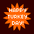 Four orange starburst-shaped icons with white text reading "HAPPY TURKEY DAY!" on a dark brown background, arranged in two of two