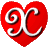 Nine red heart-shaped icons with white stylized 'X' symbols arranged in a on gray background