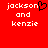 Red background with white pixelated text reading "jackson and kenzie" on both sides, a black heart symbol replacing the 'o' in "jackson" on the left side.