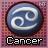 Blue circular icon with white Cancer zodiac symbol on pink background, labeled 'Cancer' in pixelated text below