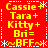 Red background with yellow text listing names and "BFF" surrounded by white snowflake and dotted line borders, arranged in a of four identical