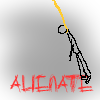 A stick figure hangs from a yellow line, swinging through various poses with red text below.