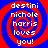 Four identical pixelated spiral icons with red and blue concentric rings display white text reading 'destini nichole harris loves you!' on a solid background.