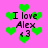 Pixelated green hearts surround black text reading "I love Alex <3" on a bright pink background.